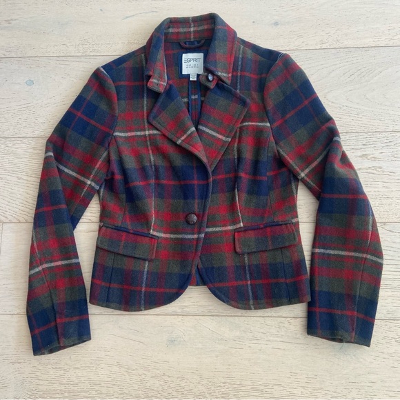 ESPRIT Tartan Wool Blend Tailored Blazer Jacket Size 10 Red Blue Preppy EUC - Picture 2 of 8